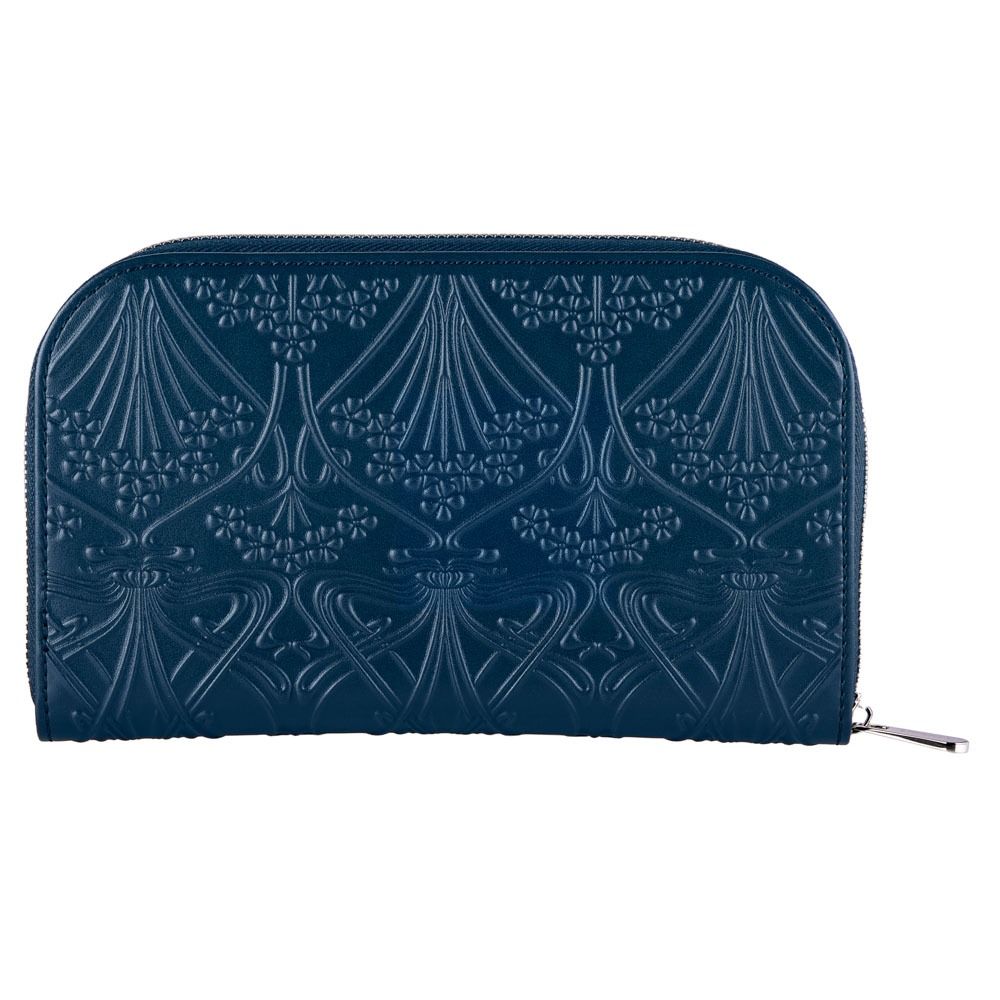 The WOLF 1834 X Liberty All Over Ianthe Travel Jewellery Portfolio Navy by WOLF features an intricate, raised floral and geometric pattern on its dark teal surface. Crafted from recycled canvas as a travel jewellery case, it is finished with a silver zipper running along the curved top and right side. The piece is displayed against a plain white background.