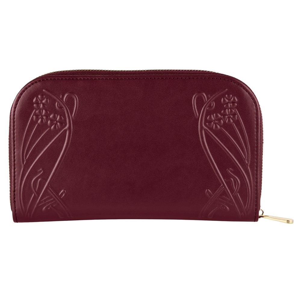 The WOLF 1834 X Liberty All Over Ianthe Travel Jewellery Portfolio in Burgundy is a maroon zippered wallet featuring embossed floral and swirl motifs on the front, crafted in the style of a travel jewellery portfolio. The gold-colored zipper pull adds an elegant touch, while the thoughtfully organized interior—drawing inspiration from a LusterLoc lining—helps keep your essentials safe and scratch-free.