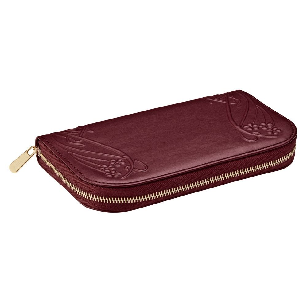 Introducing the WOLF 1834 X Liberty All Over Ianthe Travel Jewellery Portfolio in Burgundy—a sophisticated maroon zippered wallet by WOLF, adorned with intricate embossed floral patterns and a gold zipper pull. Inspired by the timeless elegance of classic travel jewellery portfolios, it features a luxurious LusterLoc™ interior to protect your treasures, as shown against a white background.