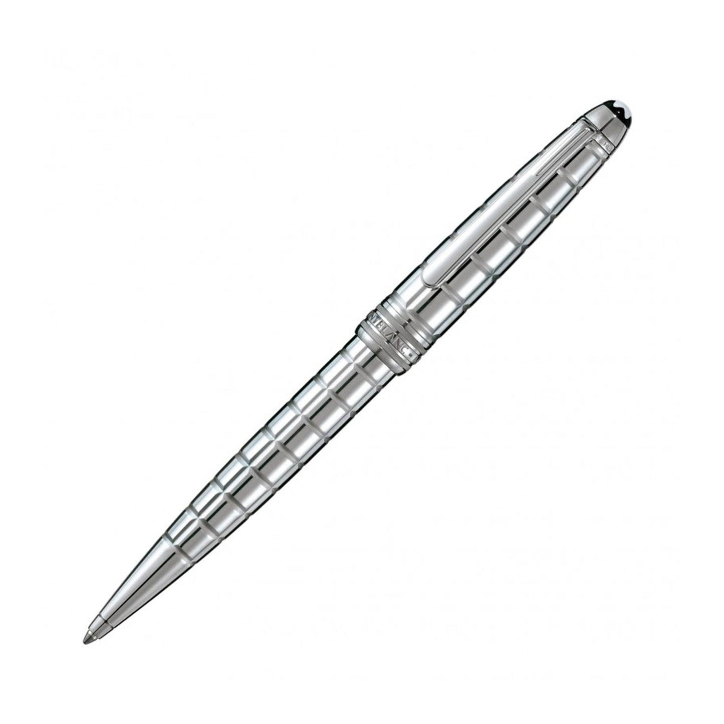 Discover the sophistication of the Montblanc Meisterstück Solitaire Platinum-Plated Facet Classique Ballpoint Pen, adorned with a striking checkered pattern. This exquisite Montblanc creation dazzles with its metallic finish, beautifully highlighted against a plain white background.