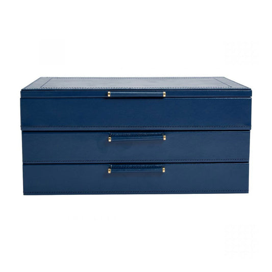 The WOLF 1834 Sophia Jewellery Box with Drawers, offered by the renowned brand WOLF, is an exquisite navy blue leather case featuring three drawers embellished with elegant brass handles. Made from sustainable leather, its refined design incorporates a LusterLoc™ anti-tarnish lining, making it ideal for organizing and storing a variety of accessories.
