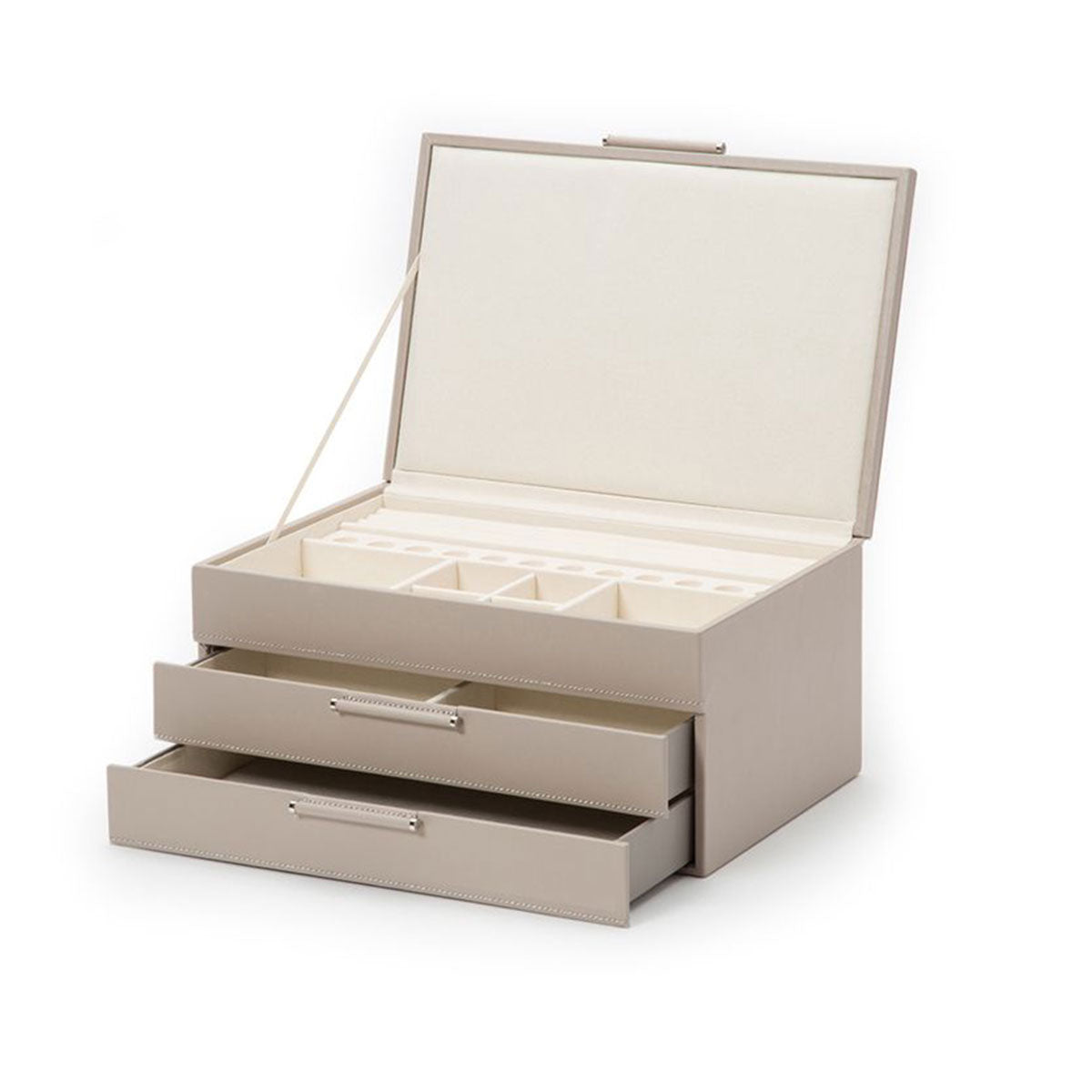 The WOLF 1834 Jewellery Box with Drawers, crafted by WOLF, features a clean and elegant design using sustainable leather. When its lid is opened, it reveals multiple compartments along with two open drawers underneath for organized storage of various jewelry pieces. The LusterLoc anti-tarnish lining ensures your collection stays pristine.