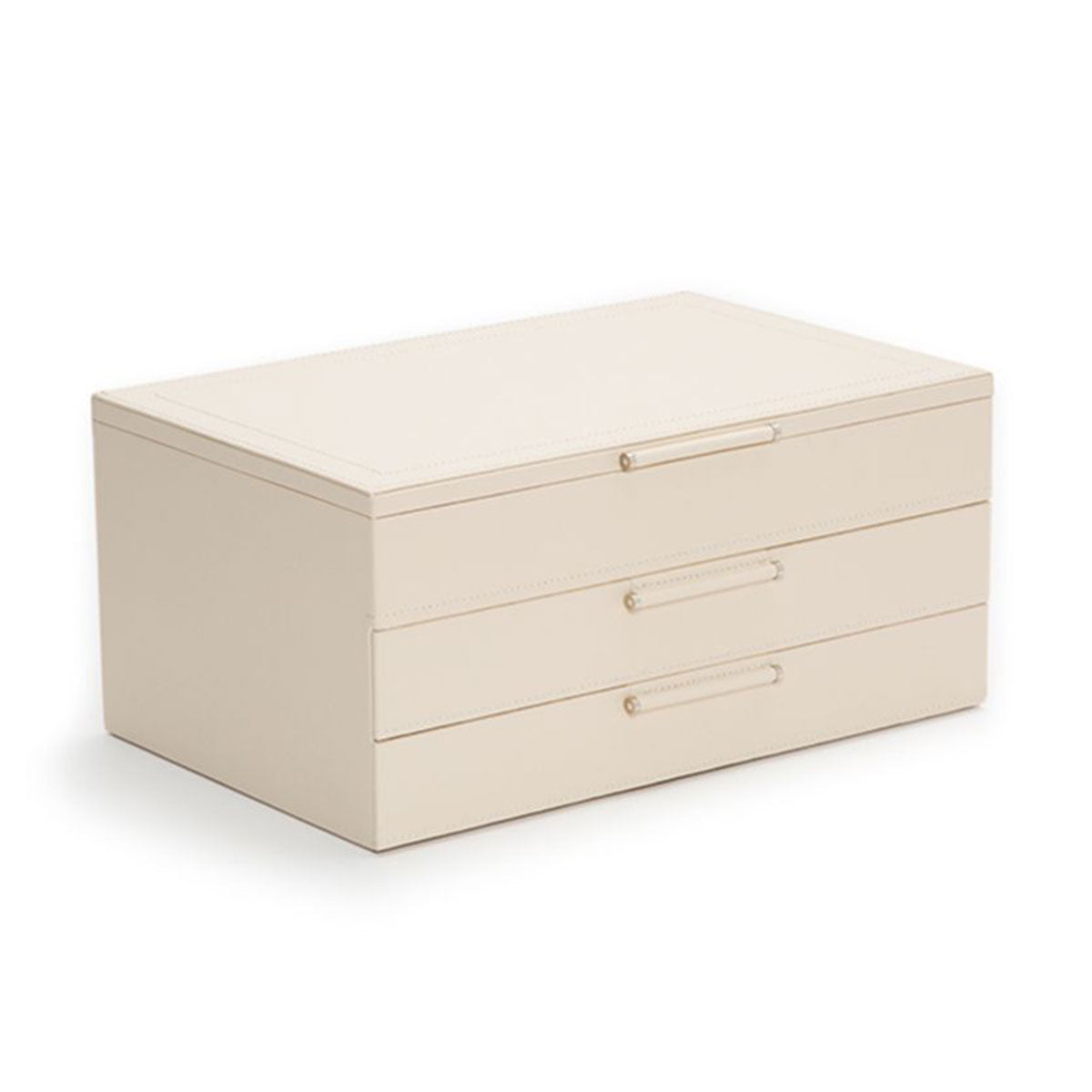The WOLF 1834 Jewelry Box with Drawers, crafted from sustainable leather, features a beige rectangular design with three stacked drawers and subtle handles. It includes an anti-tarnish lining, offering a minimalist aesthetic for storing accessories. The flat top enhances its elegant and simple appearance.