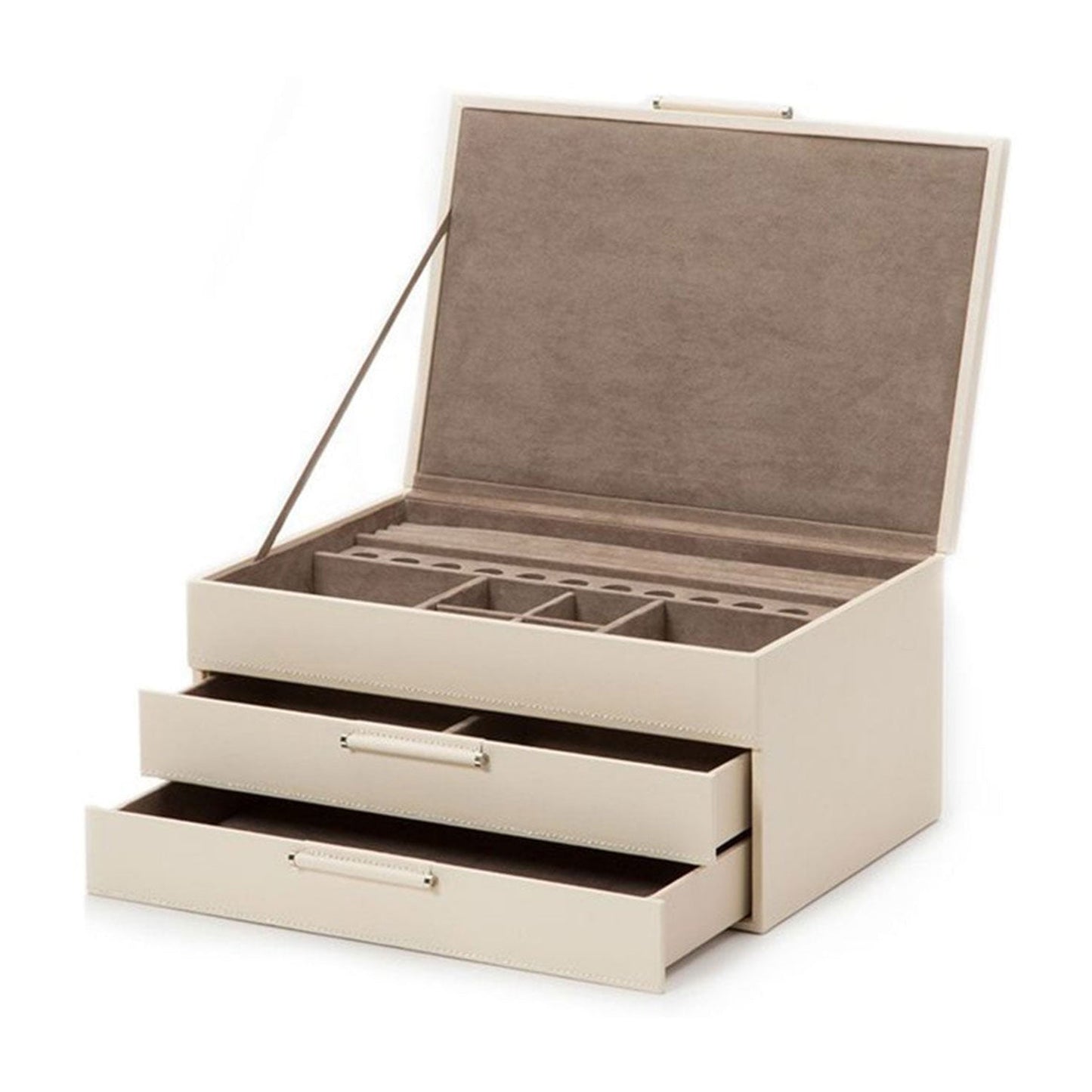 The WOLF 1834 Jewellery Box W/ Drawers, presented in open beige, boasts a suede interior made from sustainable leather. It includes two large drawers and multiple compartments for efficiently organizing jewelry, complemented by an anti-tarnish lining to ensure your valuables remain immaculate.