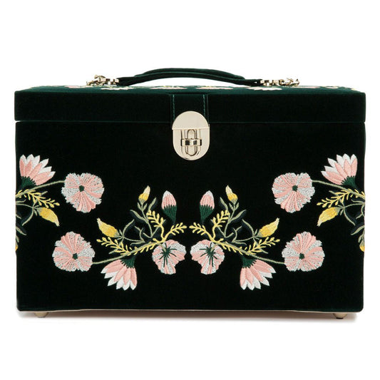 The WOLF 1834 Zoe Large Jewellery Box by WOLF is a black rectangular storage solution that elegantly displays intricate floral embroidery, featuring pink flowers and green leaves. It comes with a convenient handle and a silver latch centered on the front. Additionally, it incorporates LusterLoc™ technology to prevent tarnishing, ensuring your precious items stay beautifully preserved.