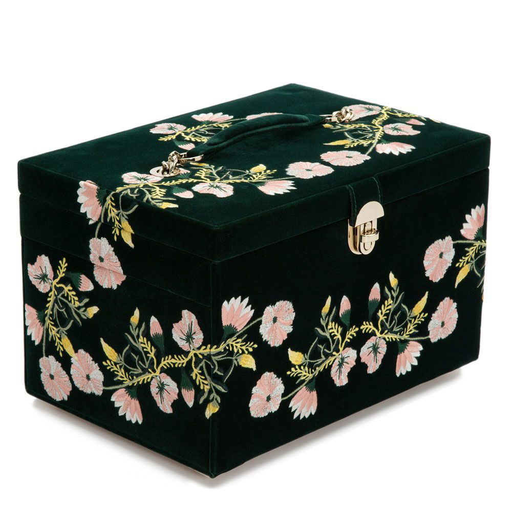 The WOLF 1834 Zoe Large Jewellery Box by WOLF is crafted in dark green velvet and incorporates LusterLoc™ technology to prevent tarnish. It features a gold latch and handle, elegantly decorated with embroidered pink and white flowers and delicate green leaves.