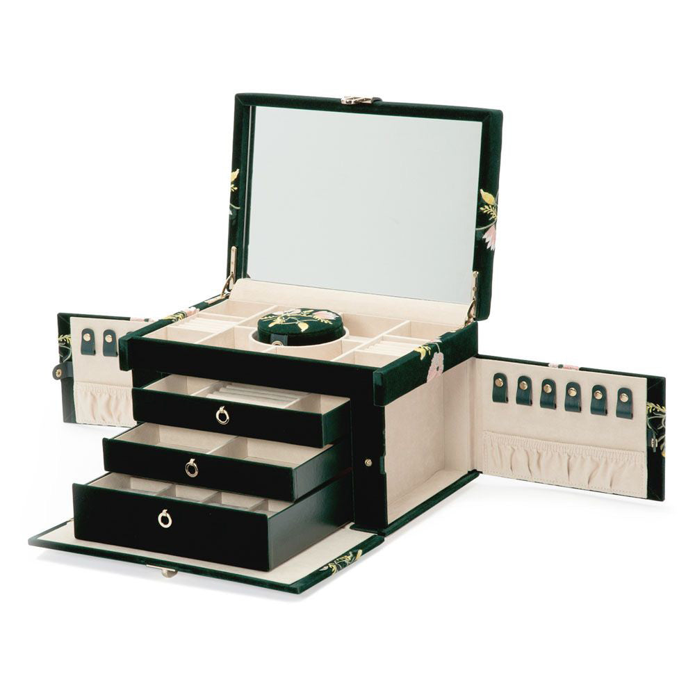 The WOLF 1834 Zoe Large Jewellery Box, available in black, opens to reveal a mirror and incorporates LusterLoc™ technology to prevent tarnishing. Inside, it offers organized storage for various accessories with dedicated compartments for rings and a watch, as well as three drawers and side flaps fitted with hooks and pockets.