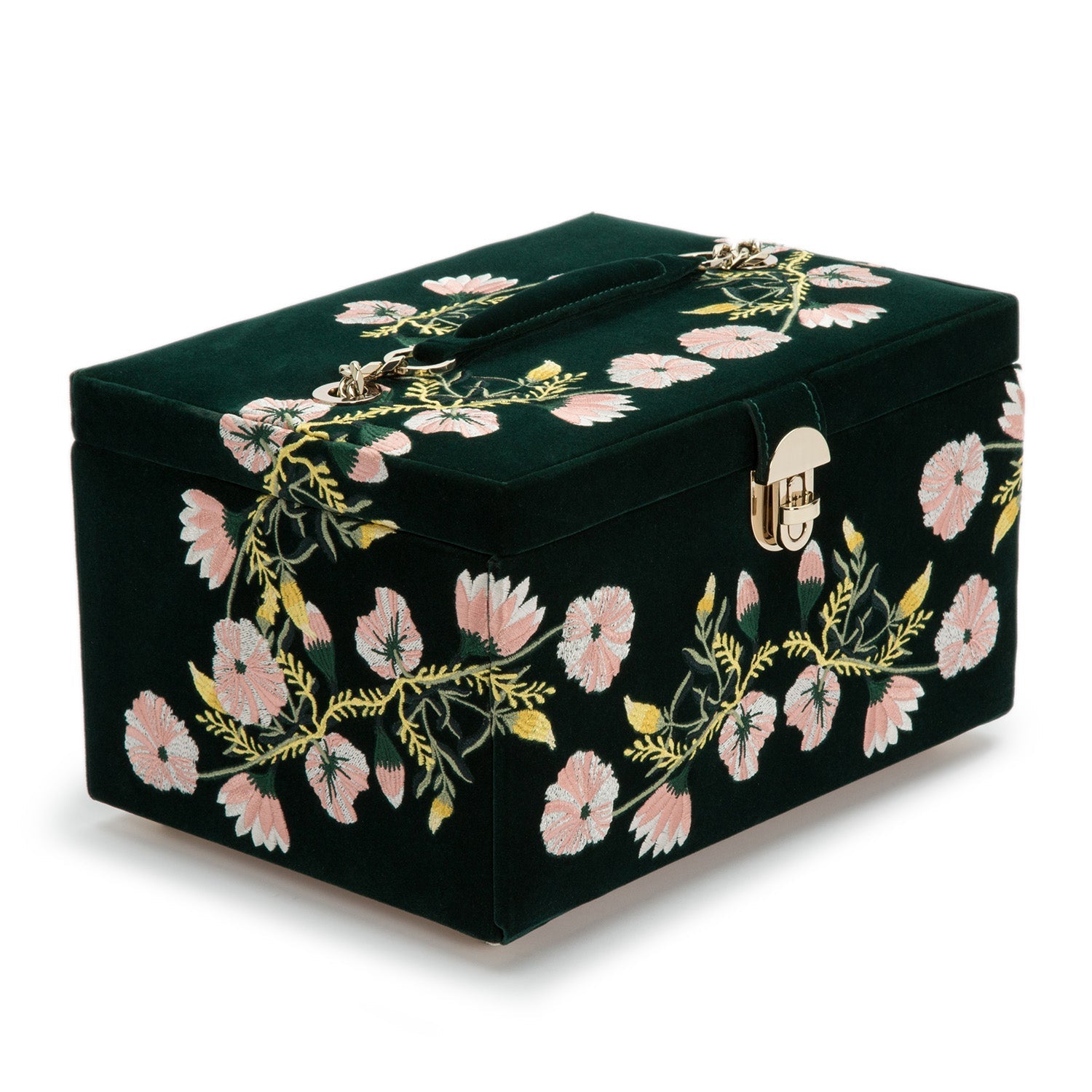 The WOLF 1834 Zoe Medium Jewellery Box is a rectangular, dark green velvet case adorned with pink and yellow floral embroidery. It includes a top handle, a gold latch closure, and utilizes LusterLoc™ technology to prevent tarnish. This jewelry box exudes an elegant, vintage style.