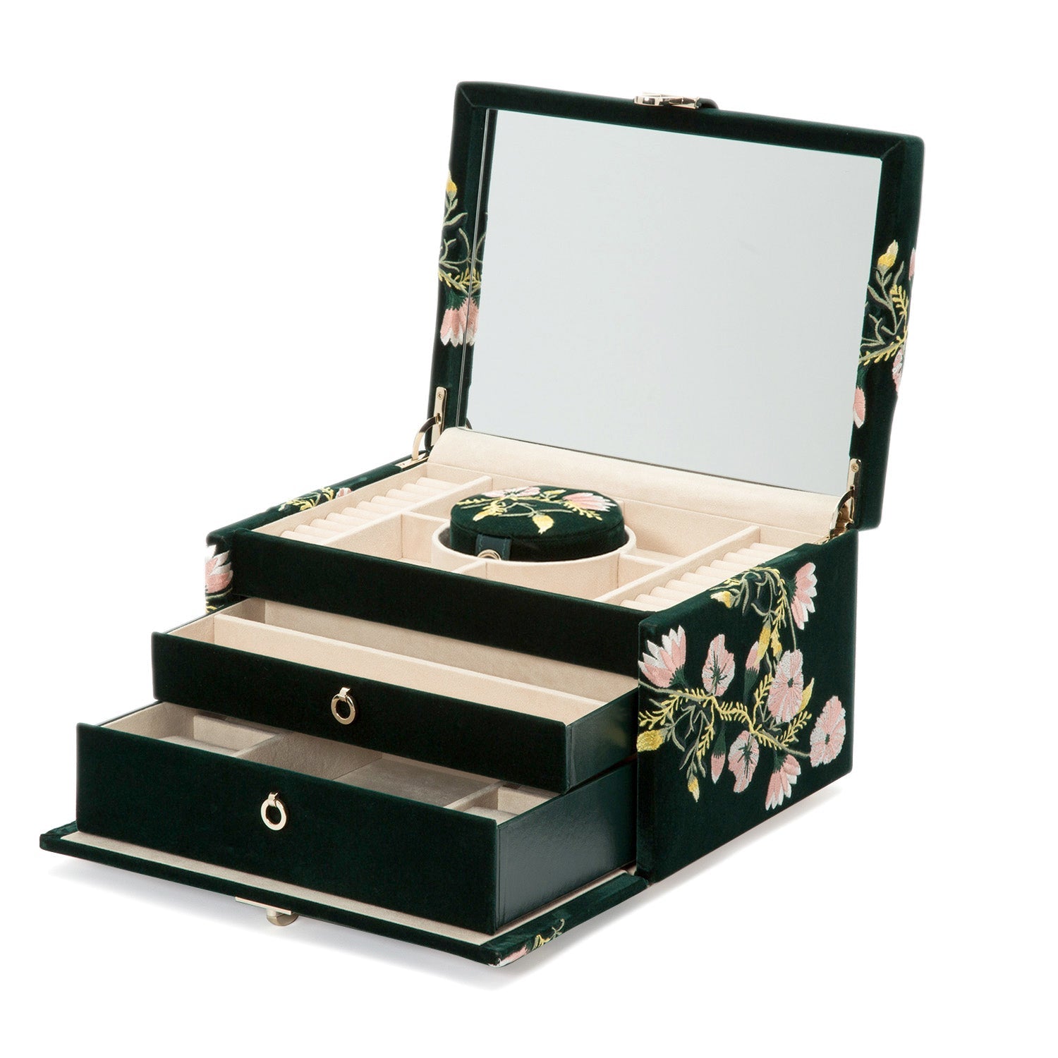 The WOLF 1834 Zoe Medium Jewellery Box by WOLF showcases an open design adorned with floral patterns and features a large mirror on the lid. It includes multiple compartments, some designated for rings, along with pull-out drawers below. All sections are lined with soft beige fabric to prevent tarnish using advanced LusterLoc™ technology.