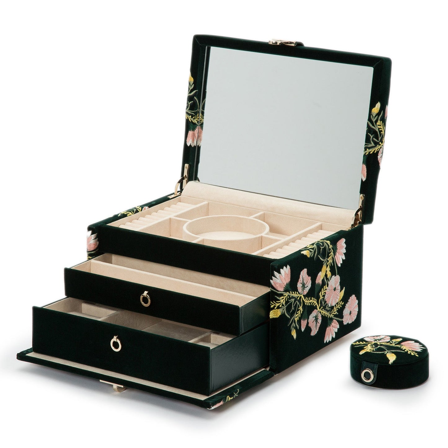 The WOLF 1834 Zoe Medium Jewellery Box in black features exquisite floral embroidery and opens to reveal compartments designed for rings and necklaces. With advanced LusterLoc™ technology to prevent tarnishing, it includes two drawers, an attached mirror, and comes with a small matching round box.