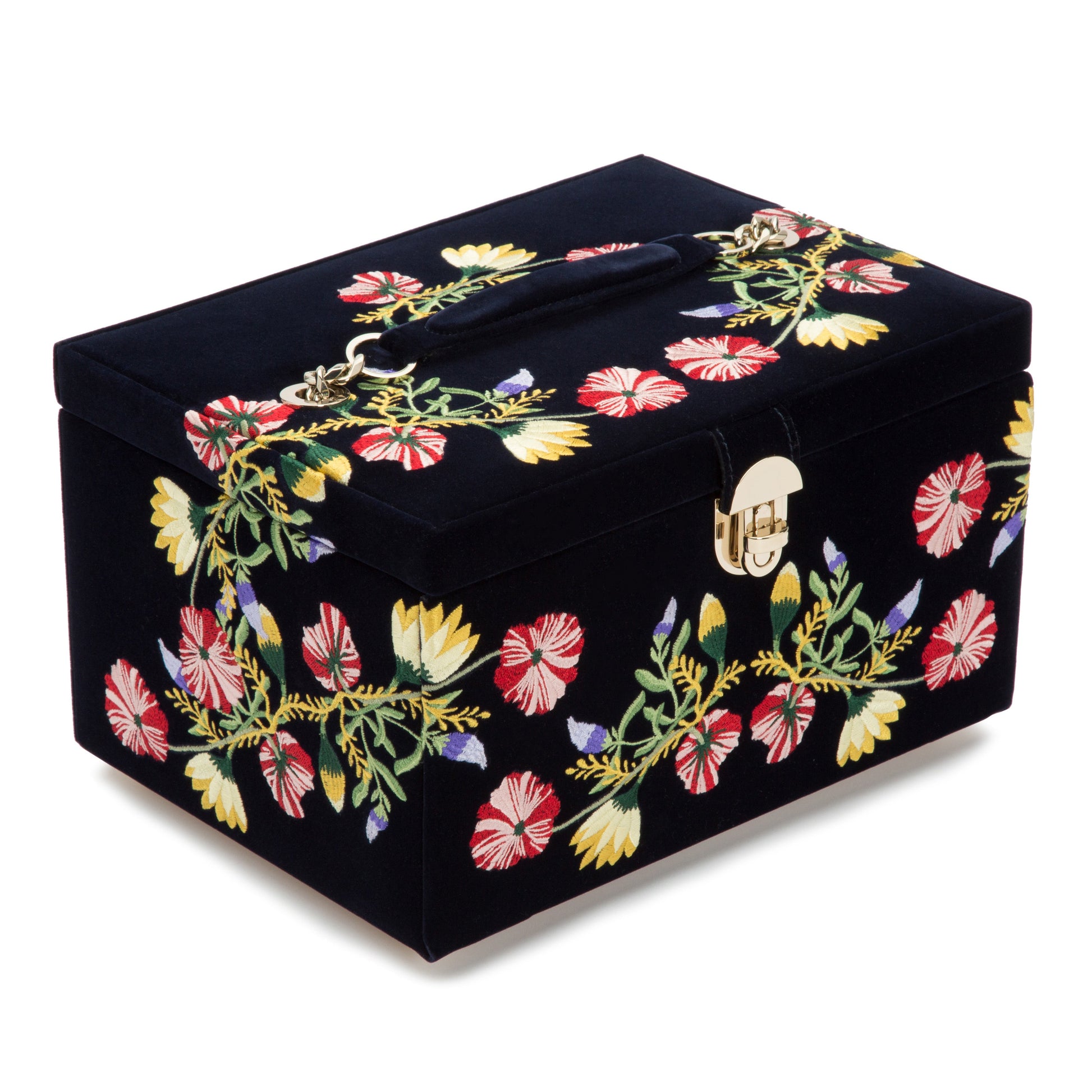 The WOLF 1834 Zoe Medium Jewellery Box by WOLF is a rectangular storage box crafted from dark velvet, featuring a handle on top. It is adorned with vibrant floral embroidery in red, yellow, and green hues. The box includes a metallic clasp and incorporates LusterLoc™ technology to prevent tarnishing, ensuring your jewelry stays pristine.