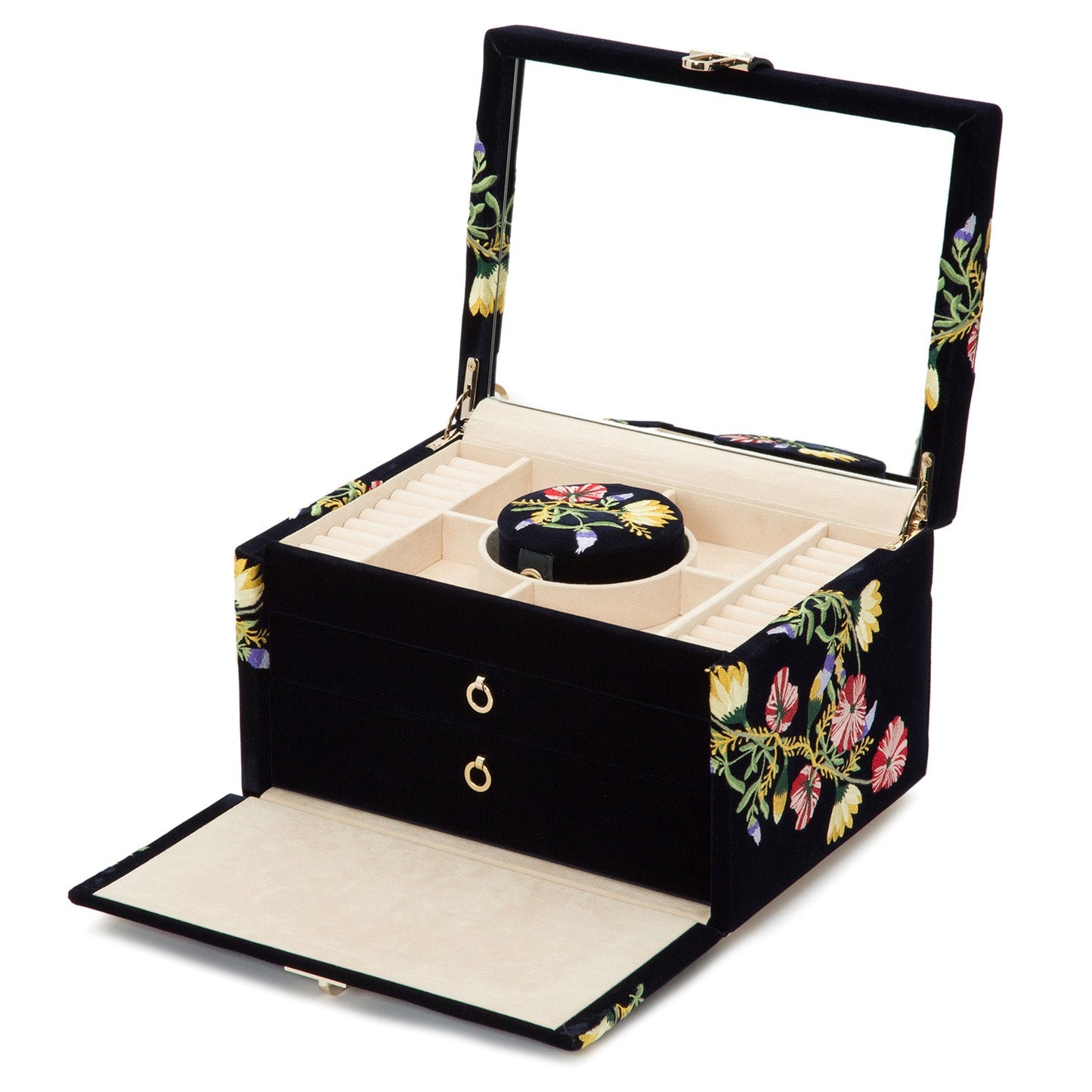 The WOLF 1834 Zoe Medium Jewellery Box from WOLF is a stunning black piece adorned with colorful floral patterns. It features an open lid with a mirror and offers exceptional jewelry storage with assorted internal compartments, including slots, a circular container, and two front drawers. To protect your jewelry from tarnish, it incorporates the innovative LusterLoc™ technology.