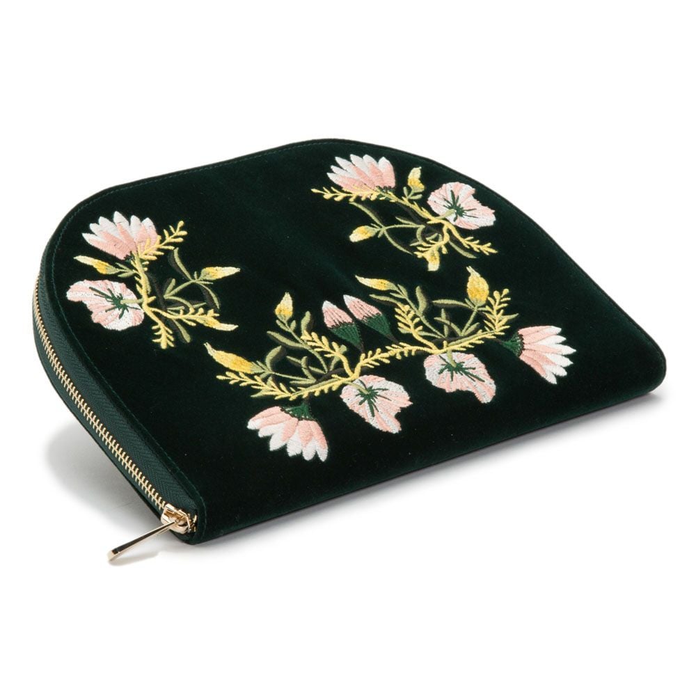 The WOLF 1834 Zioe Jewellery Portfolio by WOLF is a black velvet zippered pouch with pink and yellow floral embroidery, ideal as a stylish travel jewelry case to keep your treasures secure and organized.