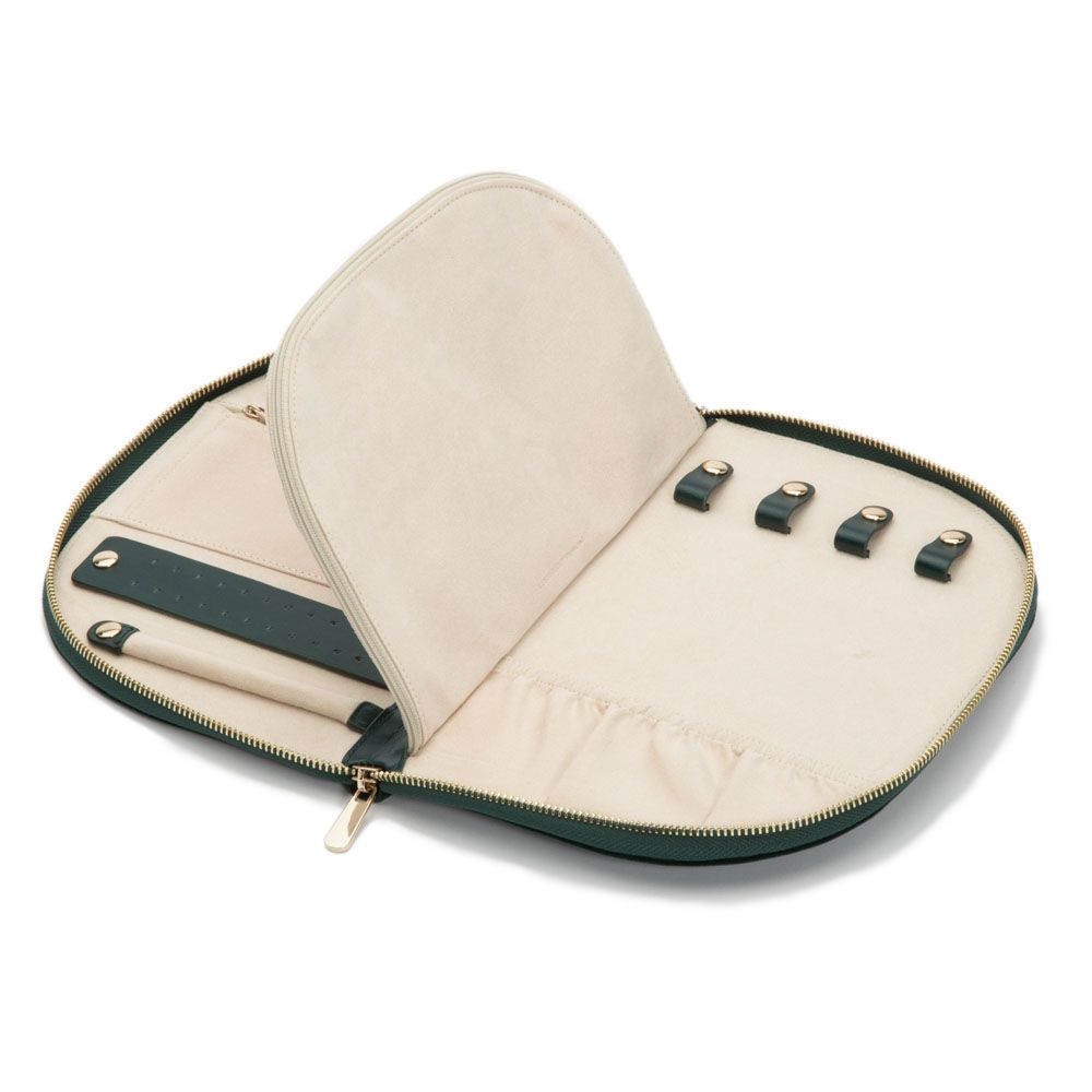 The WOLF 1834 Zoe Jewellery Portfolio by WOLF features a beige and black design, an open gold zipper, divided interior with slots, elastic loops for watch straps and accessories, plus a LusterLoc pocket for elegant storage.