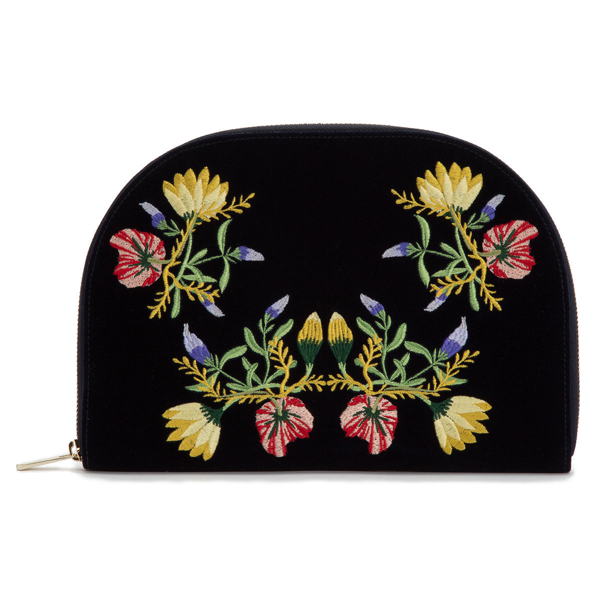 Introducing the WOLF 1834 Zoe Portfolio, a sophisticated semi-circular black clutch adorned with a zip on one side. This elegant accessory features vibrant floral embroidery in shades of yellow, red, green, and purple thread. Its velvet exterior enhances its charm with symmetrically arranged floral patterns on the front.