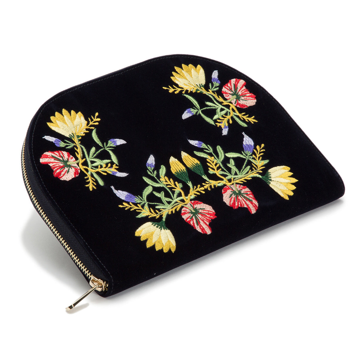 A black velvet pouch with a zipper, adorned with vibrant floral embroidery in yellow, red, and blue hues. With its luxurious velvet exterior, this piece is an ideal complement to the WOLF 1834 Zoe Portfolio collection by WOLF.