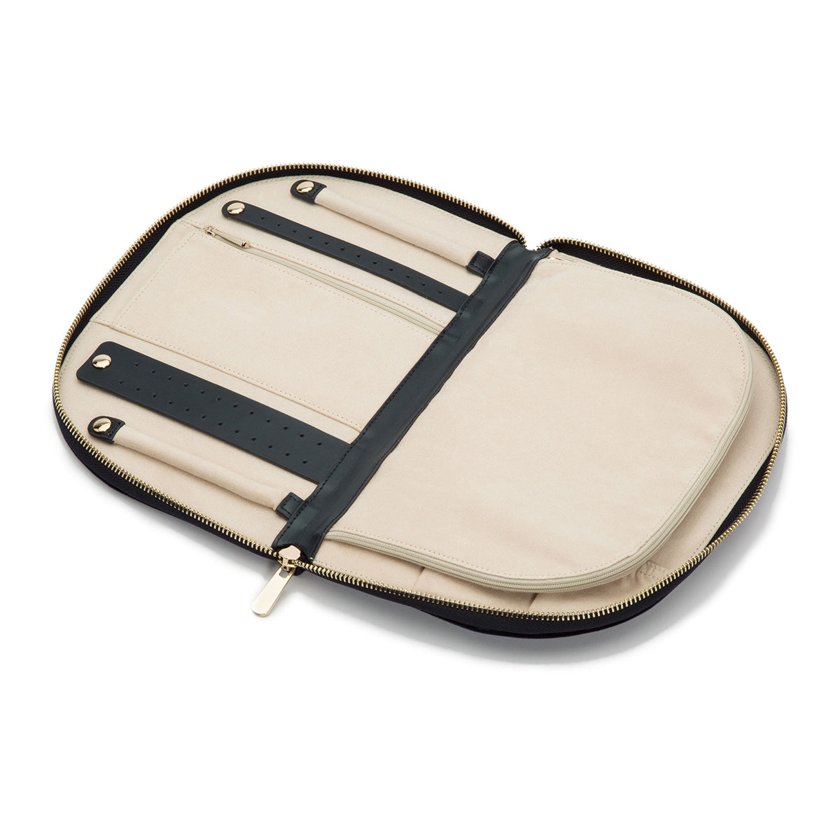 The WOLF 1834 Zoe Portfolio by WOLF includes a beige and black zippered carrying case that opens flat, revealing organized compartments with elastic straps and zipper pockets, ideal for storing various small accessories or tools. Its velvet exterior adds a touch of sophistication.