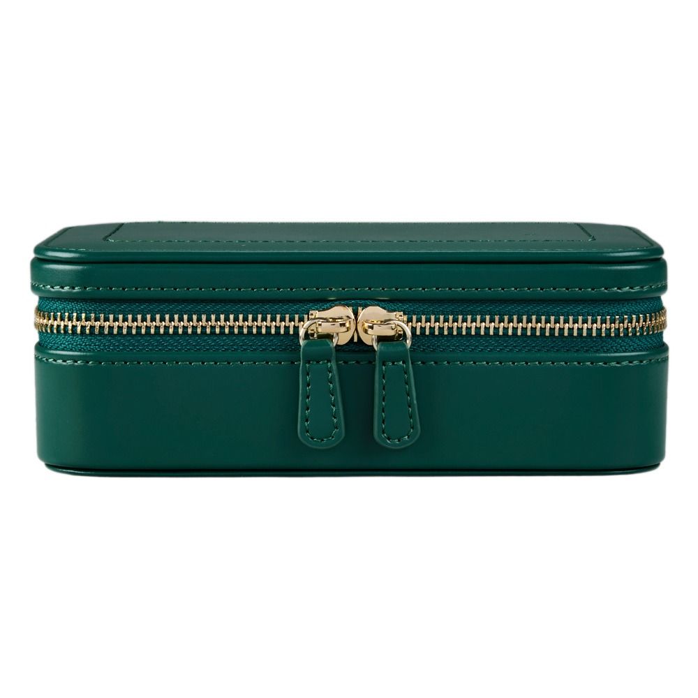 A rectangular forest green quilted leather jewellery travel case from WOLF, the Sophia Travel Zip Case in the Fiona Howard Fruit Botanical edition, features two gold zippers with matching green pulls. Shown closed against a white background, this elegant WOLF 1834 X Fiona Howard box combines stylish design with anti-tarnish storage for your treasured pieces.