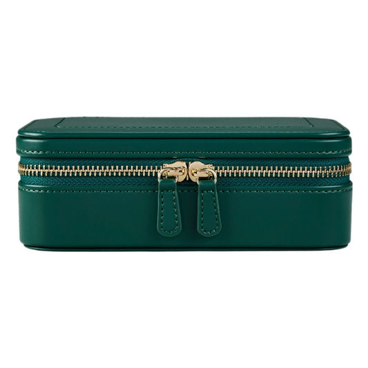 A rectangular forest green quilted leather jewellery travel case from WOLF, the Sophia Travel Zip Case in the Fiona Howard Fruit Botanical edition, features two gold zippers with matching green pulls. Shown closed against a white background, this elegant WOLF 1834 X Fiona Howard box combines stylish design with anti-tarnish storage for your treasured pieces.
