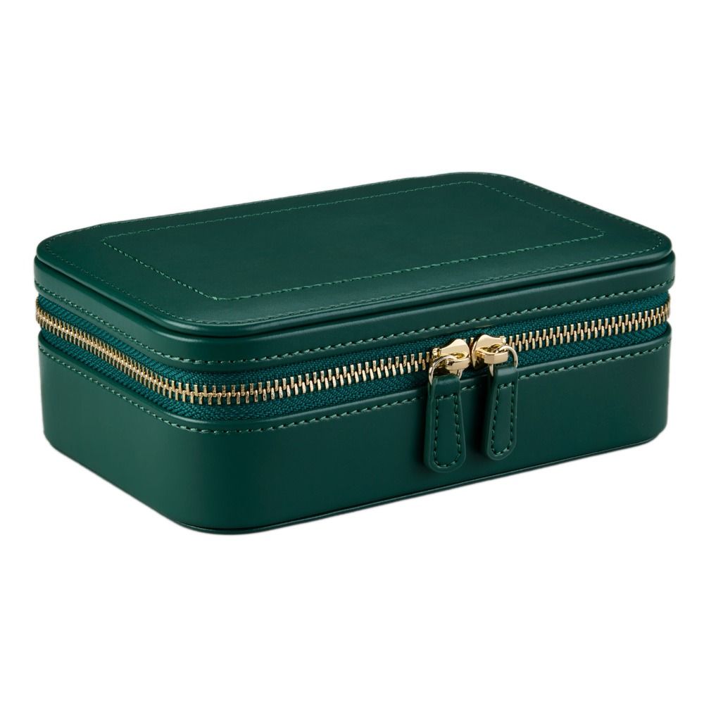 A WOLF 1834 x Fiona Howard Sophia Travel Zip Case in forest green fruit botanical, featuring rectangular diamond-quilted leather with gold double zipper pulls, is shown closed on a white background.