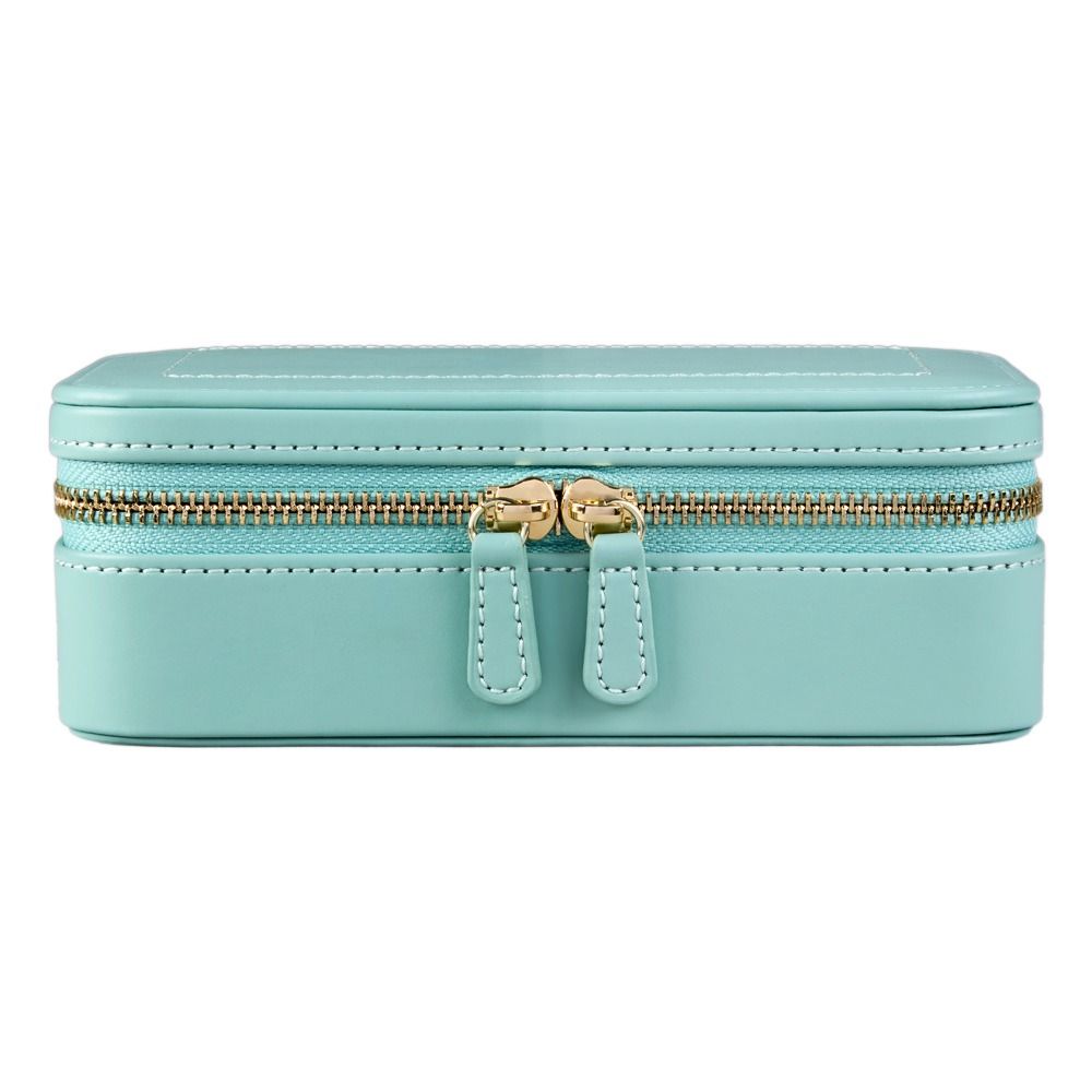 A compact, rectangular WOLF 1834 X Fiona Howard Sophia Travel Zip Case in Jade Fruit Botanical, featuring a light blue exterior with diamond quilting, finished with gold zippers and two zipper pulls; shown closed and viewed from the front.