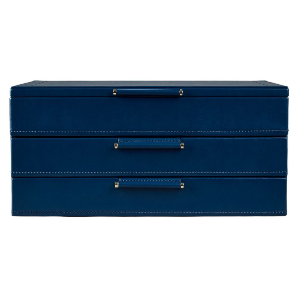 The WOLF 1834 X Fiona Howard Sophia Jewellery Box With Drawers Indigo Fruit Botanical Style Num is a spacious, rectangular jewellery box in rich indigo blue, crafted from premium leather by WOLF and adorned with gold-accented handles. It features an anti-tarnish lining and three drawers for organized storage, and is displayed closed against a white background.