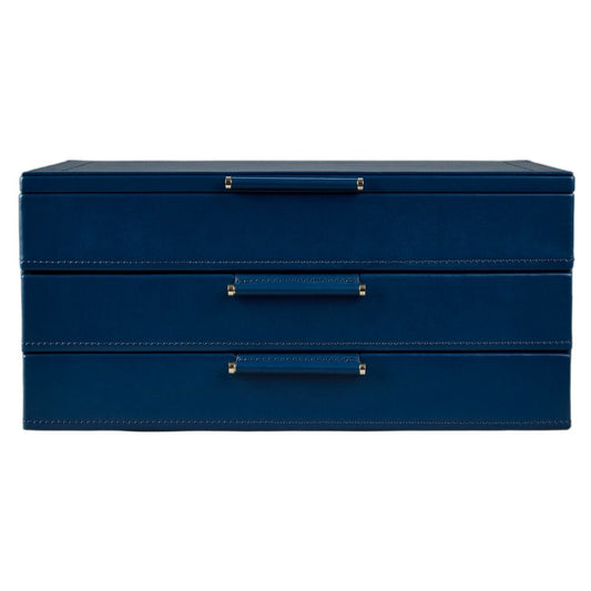 The WOLF 1834 X Fiona Howard Sophia Jewellery Box With Drawers Indigo Fruit Botanical Style Num is a spacious, rectangular jewellery box in rich indigo blue, crafted from premium leather by WOLF and adorned with gold-accented handles. It features an anti-tarnish lining and three drawers for organized storage, and is displayed closed against a white background.