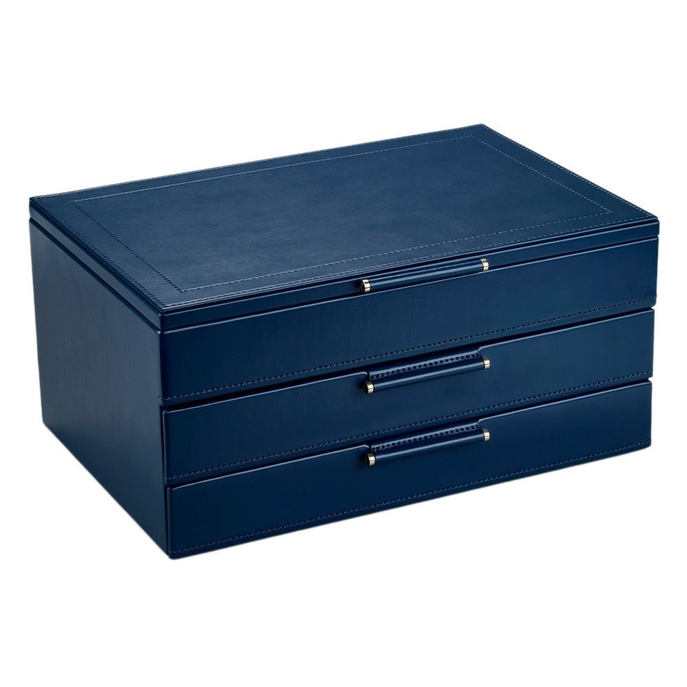 The WOLF 1834 X Fiona Howard Sophia Jewellery Box With Drawers Indigo Fruit Botanical Style Num, from WOLF, is a rectangular jewellery organizer in dark blue with two pull-out drawers and a smooth, leather-like finish. This elegant box features an anti-tarnish lining and is shown against a white background.