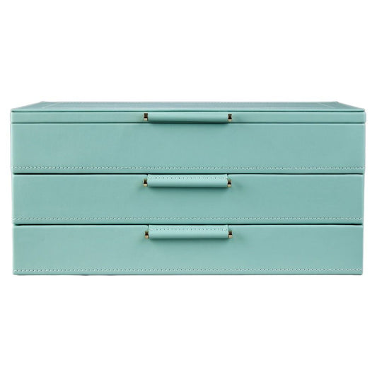 A rectangular, jade blue botanical-themed leather jewellery box from WOLF, designed in collaboration with Fiona Howard. The Sophia Jewellery Box features three drawers, each with a matching handle and white-stitched edges. It is lined with an anti-tarnish fabric to keep your treasures protected and looking their best.