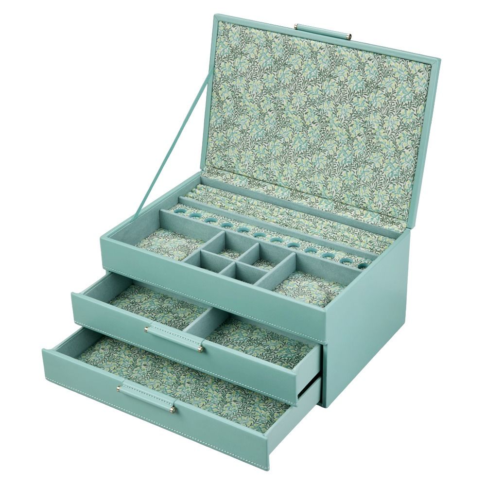 WOLF 1834 X Fiona Howard Sophia Jewellery Box With Drawers Jade Fruit Botanical, crafted from light blue leather with a floral-patterned anti-tarnish lining, features multiple compartments, ring rows, and two pull-out drawers—perfect for organizing all your jewelry.