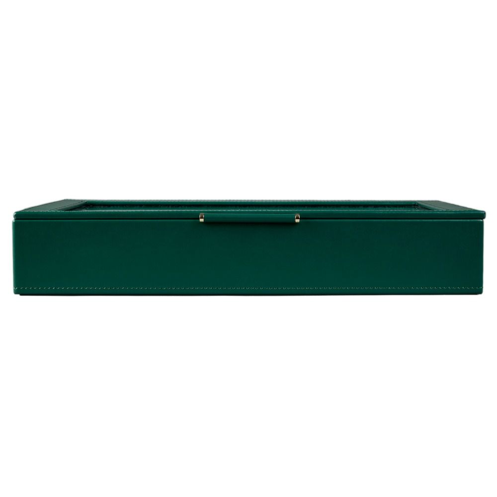 The WOLF 1834 X Fiona Howard Botanical Jewellery Box With Window by WOLF is a rectangular green leather case with white stitching, seen from the front. The box features a gold center handle and a transparent top for display or storage, while its elegant design includes an anti-tarnish lining to help keep your valuables pristine.