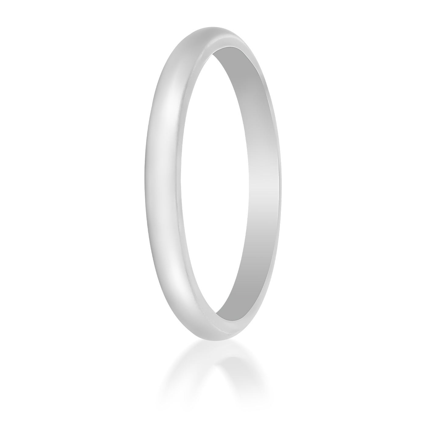 A sleek platinum band from Raffi&Co.® is featured against a white background, showing off its smooth, polished surface. The refined design of the Raffi&Co.® Classic Platinum Wedding Band's rounded band is elegantly angled, casting a gentle shadow below. This classic symbol of love radiates elegance and grace.