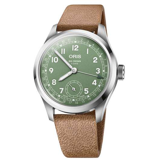 The Oris Big Crown Pointer Date Calibre 403 Automatic Winding 40mm Watch by ORIS has a silver case, light brown leather strap, and green dial. It features white Arabic numerals and hands, the "Oris" brand logo, "Big Crown 5 Days," a date display with subdial, powered by the Calibre 403.