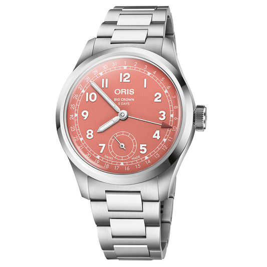 The Oris Big Crown Pointer Date Calibre 403 Automatic Winding 40mm Watch features a stainless steel case and metal band, salmon dial with white Arabic numerals, a six o'clock subdial, silver hands, and elegant "Oris" branding.