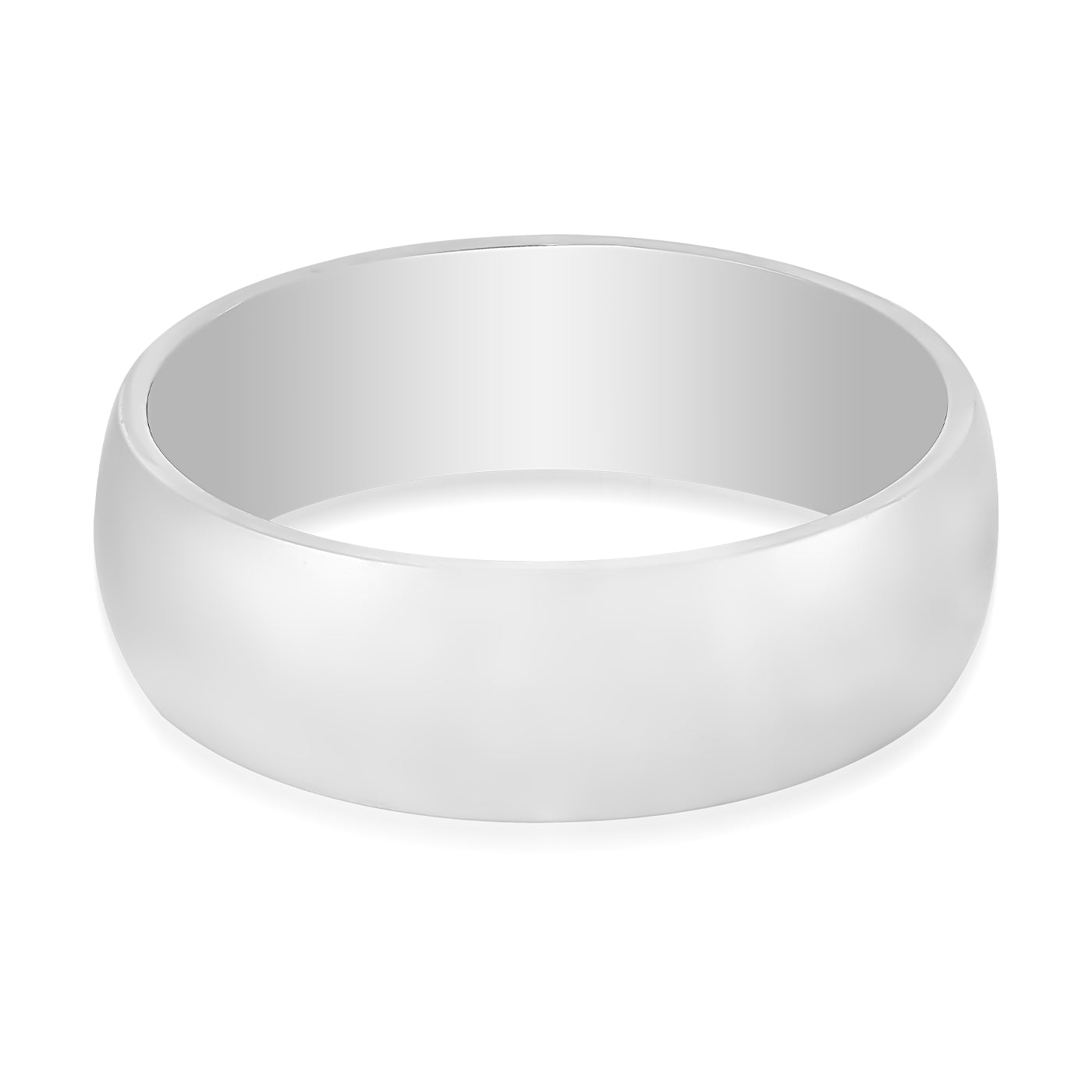 Raffi&Co. presents the 14K White Gold Men's Wedding Band, a lustrous silver ring with a sleek surface, showcased against a simple white background.