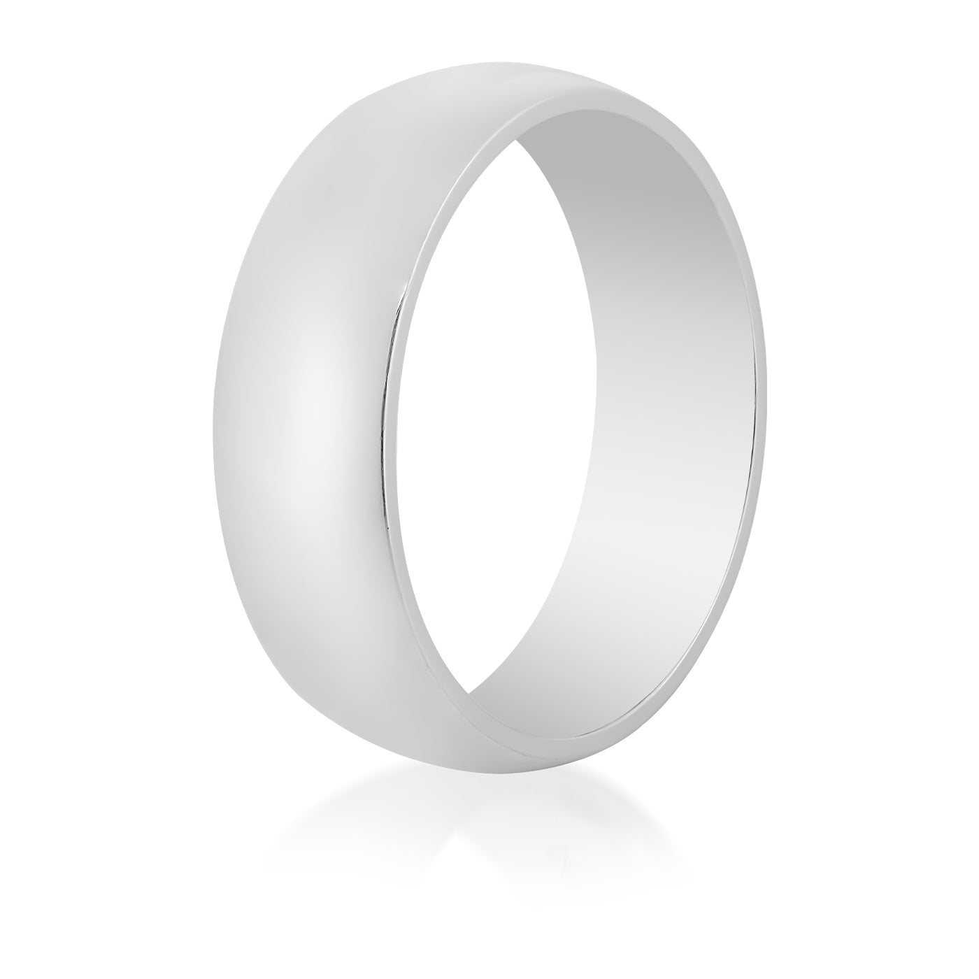 A Raffi&Co.® 14K White Gold Men's Wedding Band, elegantly crafted with a smooth, reflective surface, stands upright casting a gentle shadow on a white background.