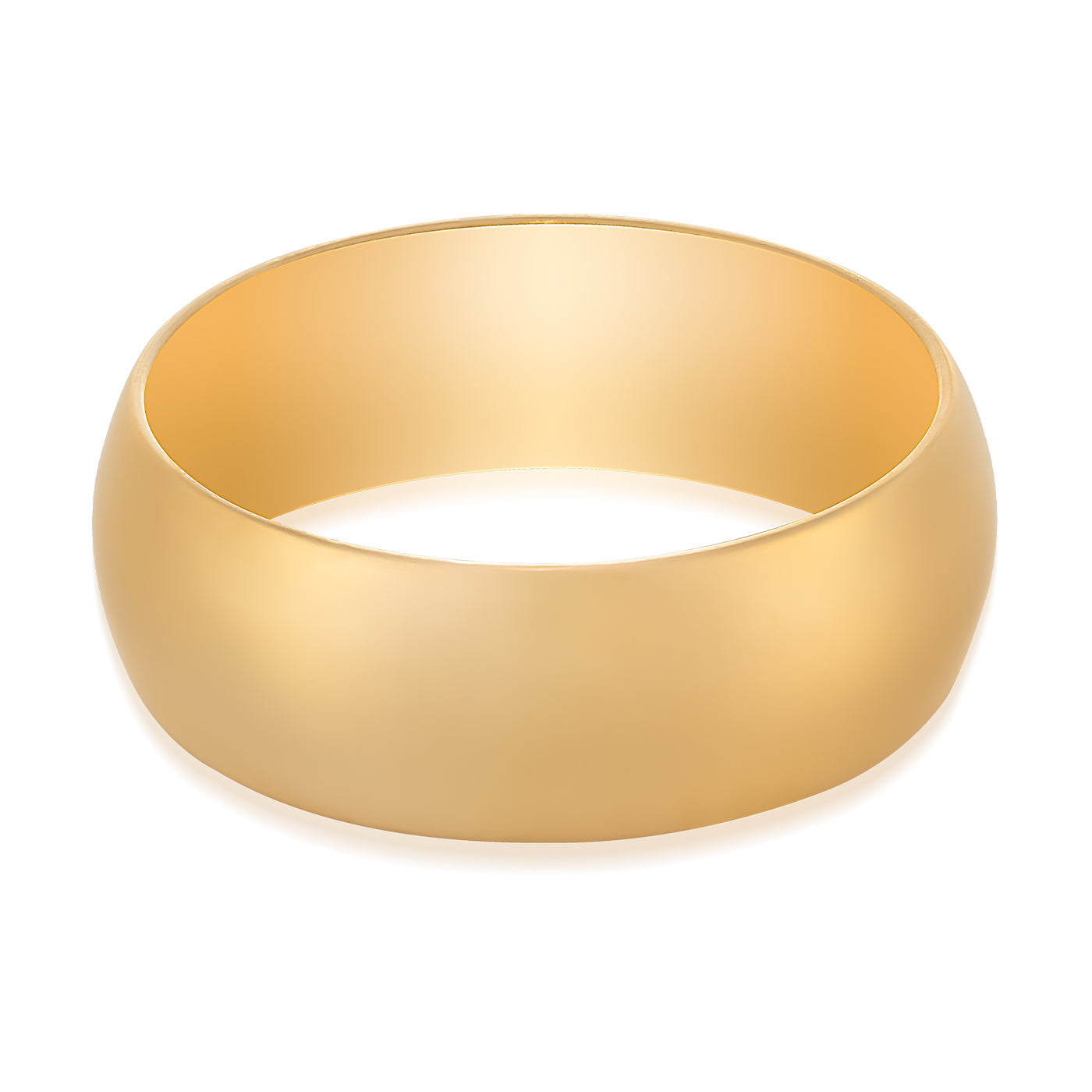 A glossy 14K Yellow Gold men's wedding band by Raffi&Co.® with a wide, rounded design. This piece boasts a smooth, shiny finish and an open circular shape, elegantly set against a plain white background.