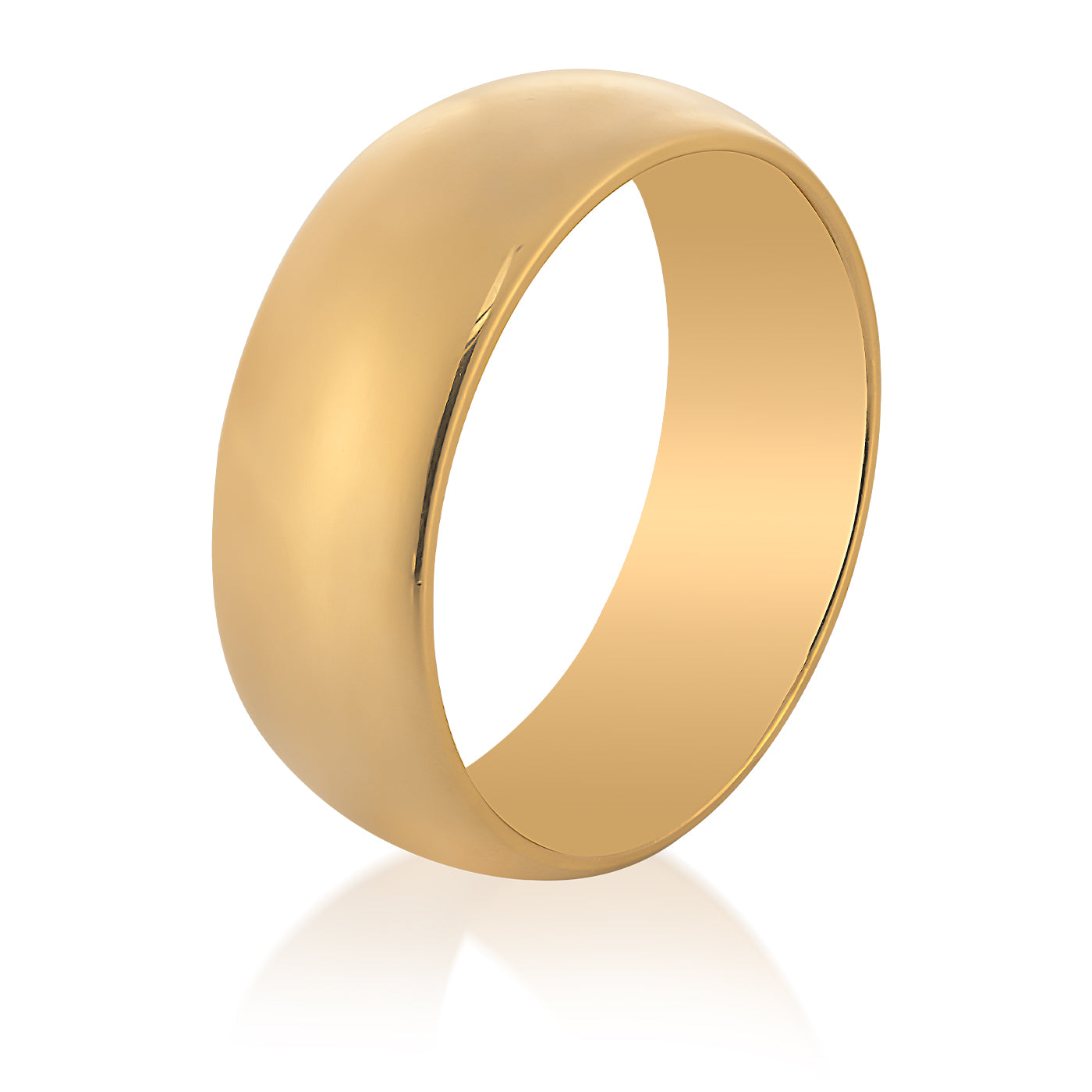 The Raffi&Co 14K Yellow Gold Men's Wedding Band is beautifully displayed against a white background, its polished finish gracefully reflecting the light.