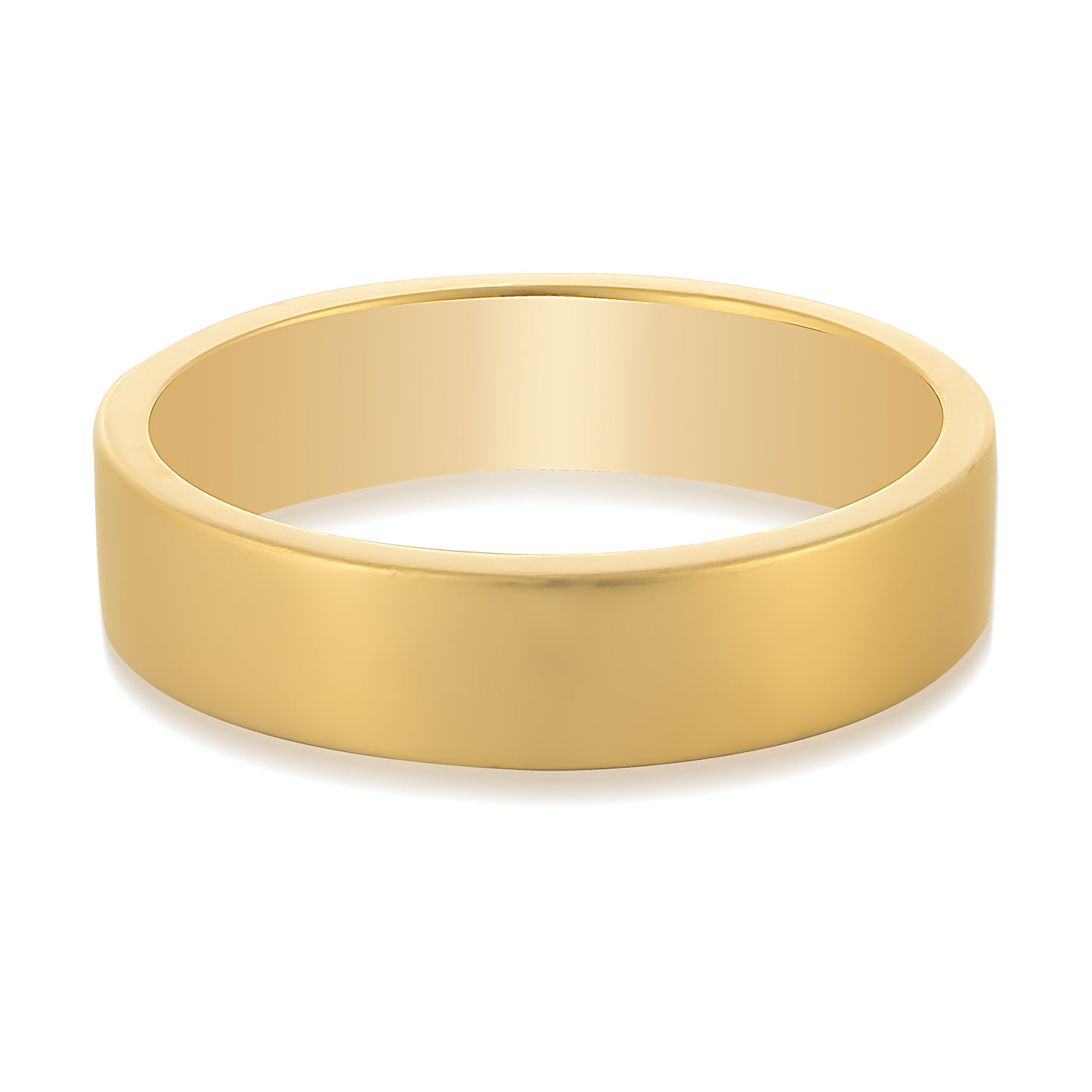 Displayed against a white background, the Raffi&Co.® 14K Yellow Gold Men's Wedding Band features a reflective finish and a classic round shape with a simple, smooth surface in plain, shiny gold.