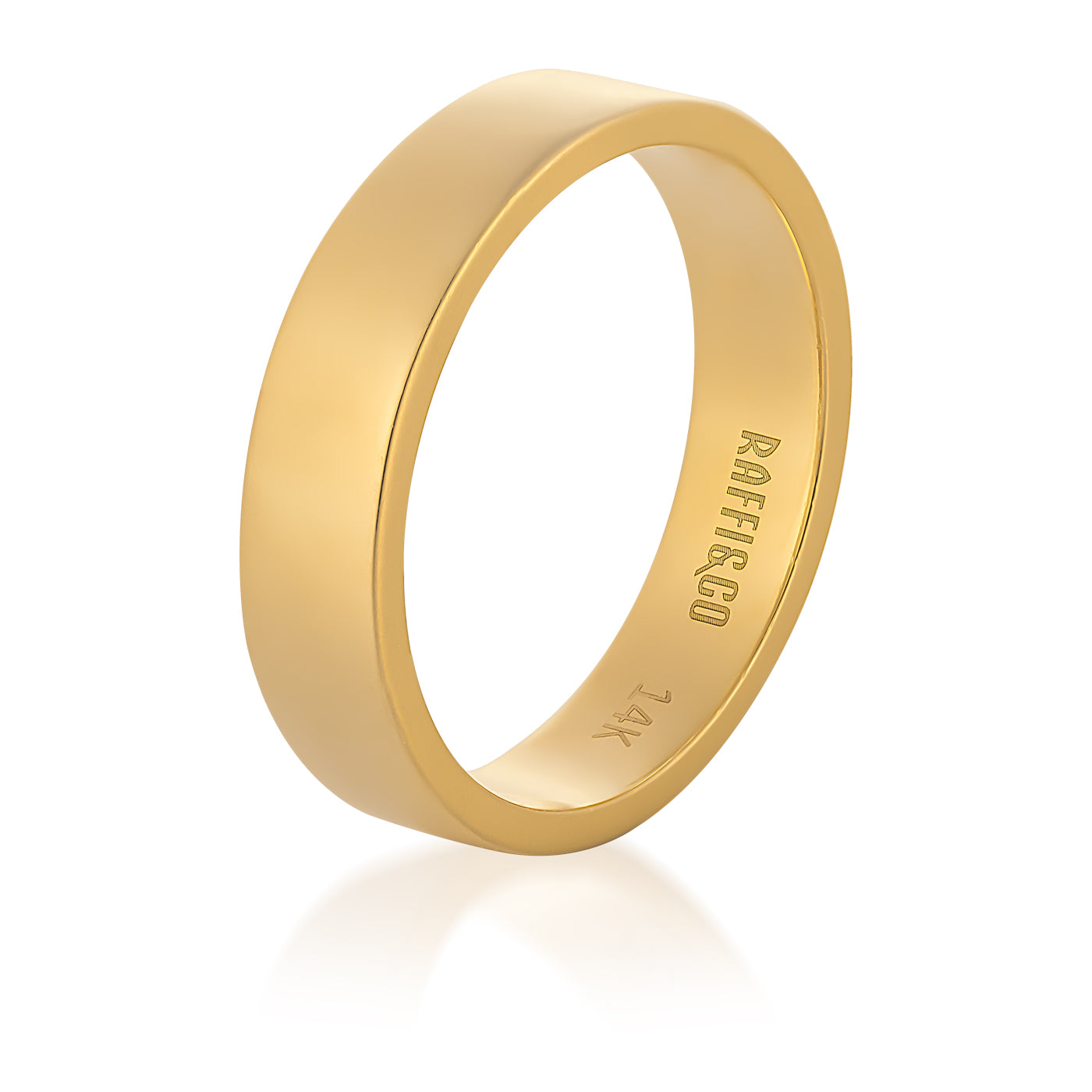 The Raffi&Co.® 14K Yellow Gold Men's Wedding Band features a smooth finish, with "Raffi&Co." and "14K" engraved on the interior to denote the brand and gold purity. Photographed against a white background, it casts a gentle shadow below.