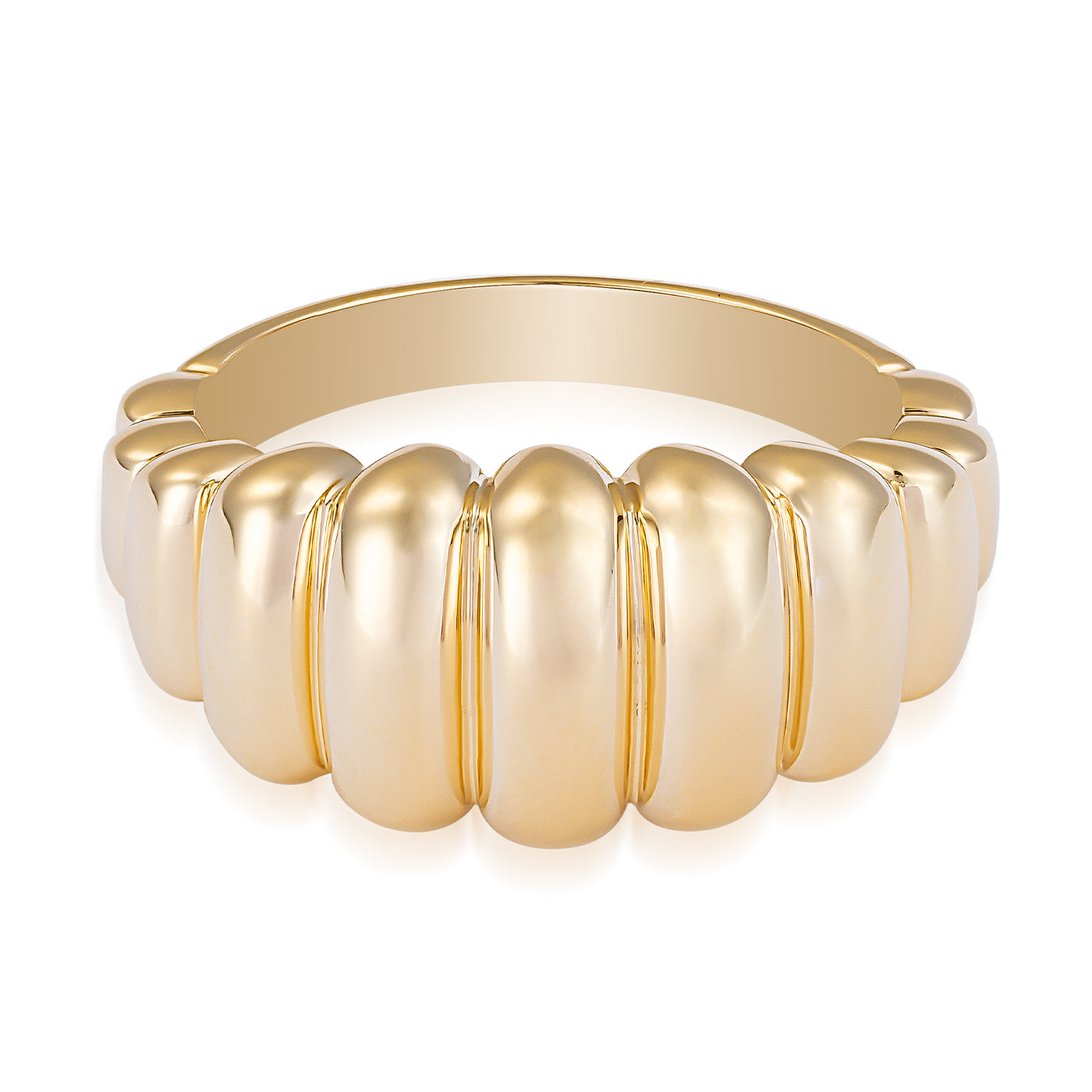 Presenting the Raffi&Co.® 14K Yellow Gold Croissant Ring: a luminous band with a striking, rounded, ribbed design encircling its midsection. Its smooth and reflective surface amplifies its polished look, making it an exceptional fashion accessory.