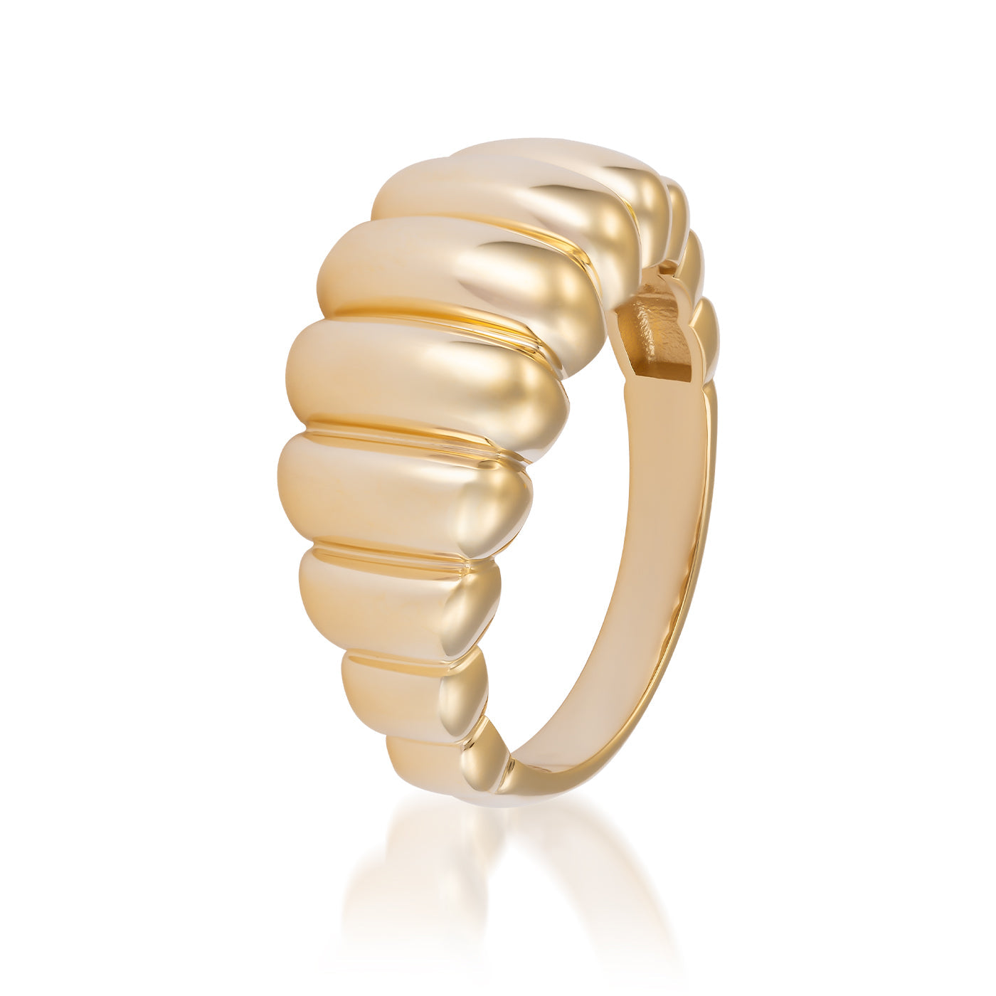 The Raffi&Co.® 14K Yellow Gold Croissant Ring features an impressive sculptural design with smooth, rounded segments along the band, creating a striking ridged pattern. Its polished finish provides a sleek and shiny look, ensuring it stands out as a fashion statement piece.