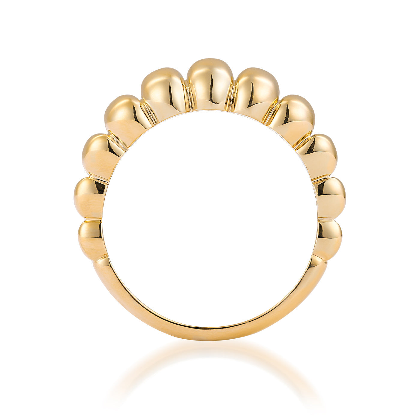 The Raffi&Co® 14K Yellow Gold Croissant Ring boasts a distinct scalloped design with rounded dome shapes adorning the top half of the band, reminiscent of a fashionable croissant when viewed from the side against a white background.