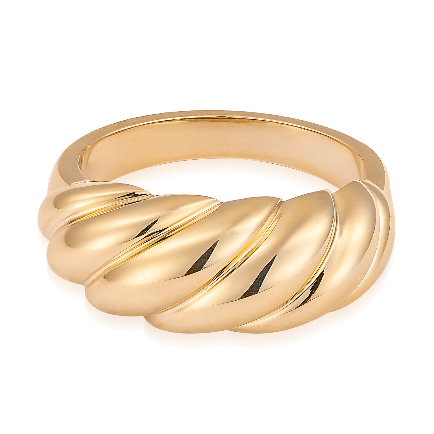 Introducing the Raffi&Co.® 14K Yellow Gold Croissant Ring, a stunning piece by Raffi&Co that boasts a twisted rope design with smooth and shiny segments for an elegant and stylish look. This fashion accessory exudes a warm golden hue, showcasing its polished surface and intricate craftsmanship beautifully.