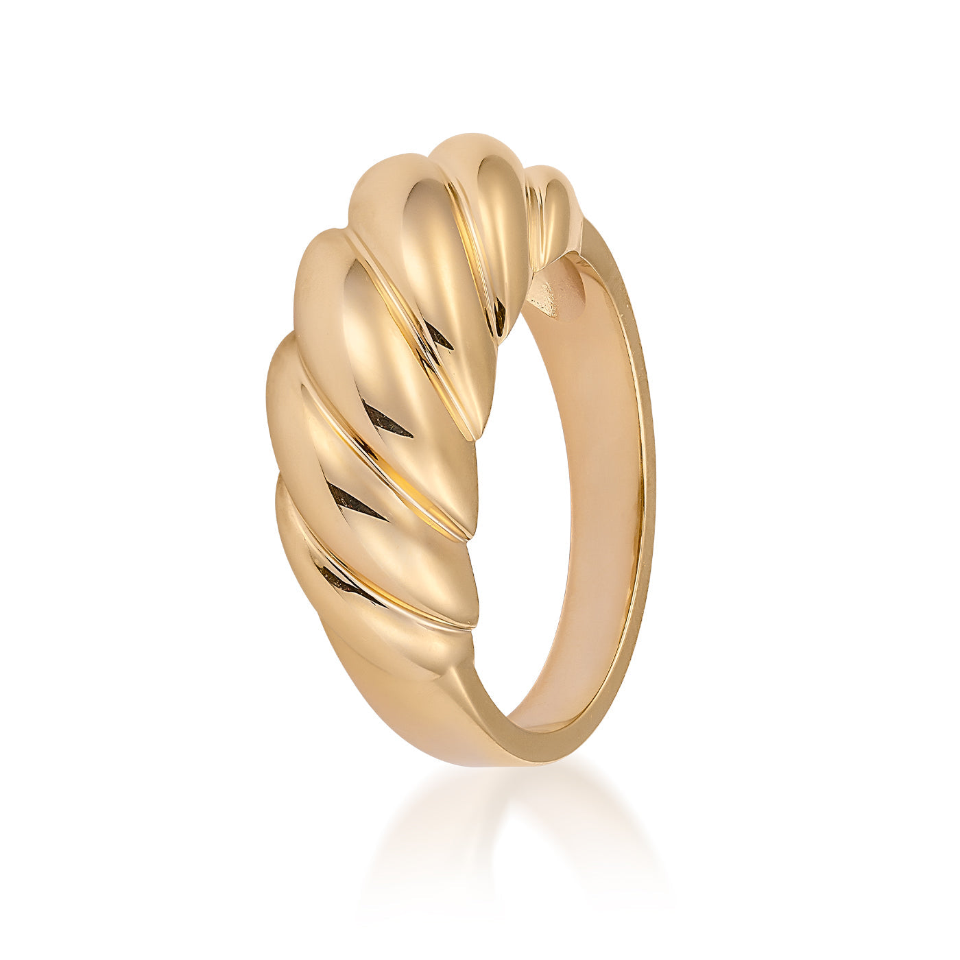 The Raffi&Co.® 14K Yellow Gold Croissant Ring by Raffi&Co showcases a polished finish and features a twisted, rope-like design with smooth curves that give it a textured appearance. This fashion ring is elegantly displayed against a plain white background.