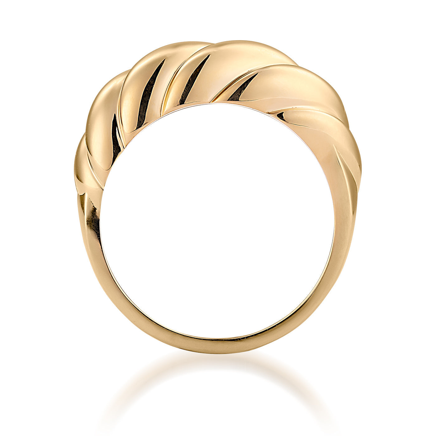 A Raffi&Co.® 14K Yellow Gold Croissant Ring, showcasing a bold, sculpted design with wave-like grooves for a textured, elegant appeal. The fashionable ring is featured from a side angle against a plain white background.