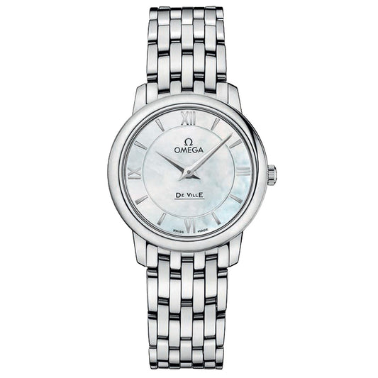 The OMEGA De Ville Prestige Quartz 27.4mm Watch epitomizes luxury timepieces with its sleek stainless steel band. This sophisticated accessory boasts a white dial embellished with Roman numerals and elegantly designed watch hands, all driven by precise quartz movement. The prominent brand logo is displayed at the top of the round face.