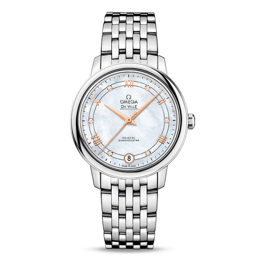 The OMEGA De Ville Prestige Co-Axial Chronometer 32.7mm Watch is an elegant luxury timepiece featuring a silver wristwatch with a white round face and gold hands. It is equipped with the Co-Axial calibre 2500 and includes a date display at the 6 o'clock position. The watch is branded "Omega De Ville" and "Co-Axial Chronometer," with a sophisticated metal-linked bracelet for added elegance.