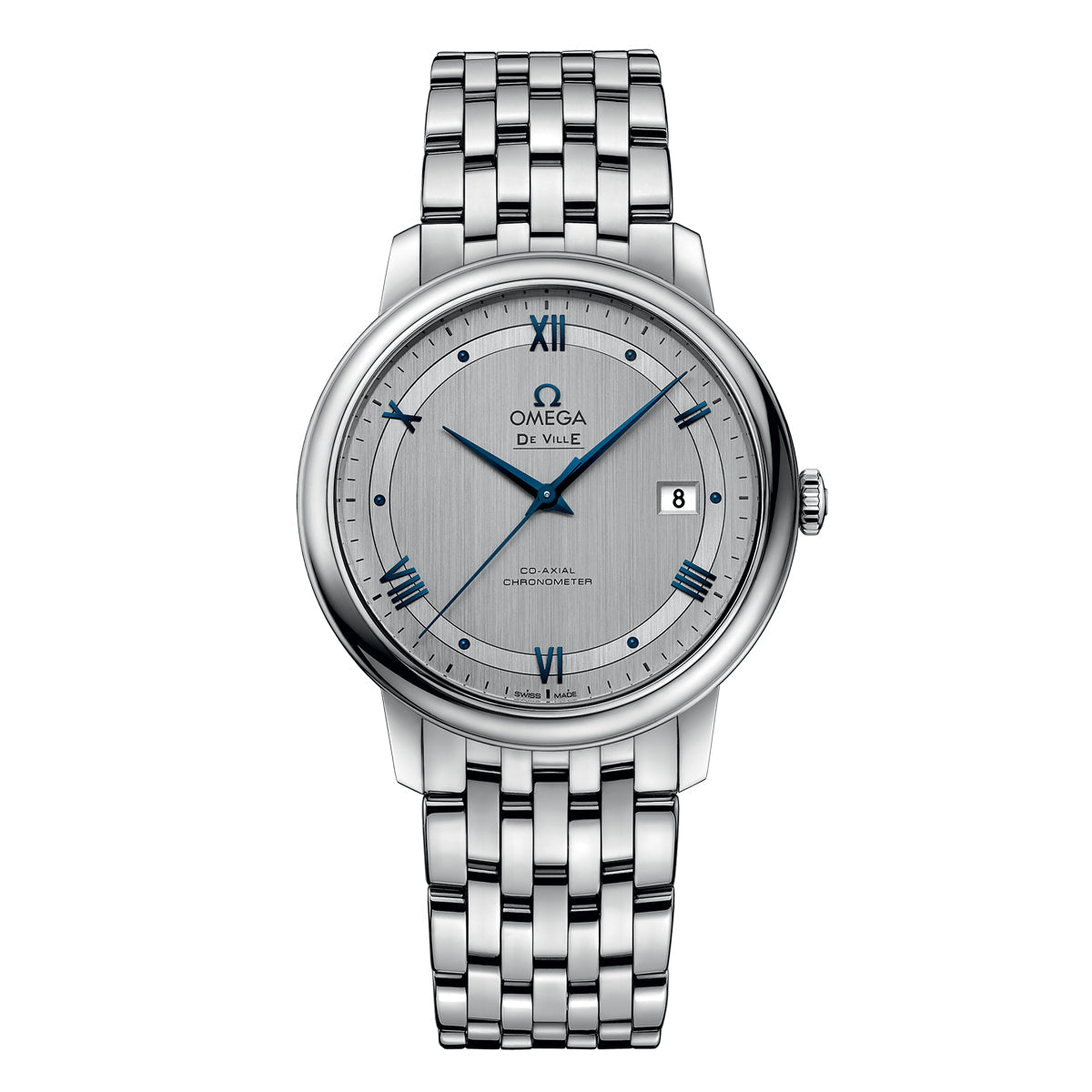 The OMEGA De Ville Prestige Co-Axial Chronometer 39.5mm Watch by OMEGA is a luxurious timepiece, offering simple elegance with its silver case and stainless steel bracelet, grey dial with Roman numerals, date window at 3 o'clock, and the precision of the Co-Axial calibre 2500 movement.