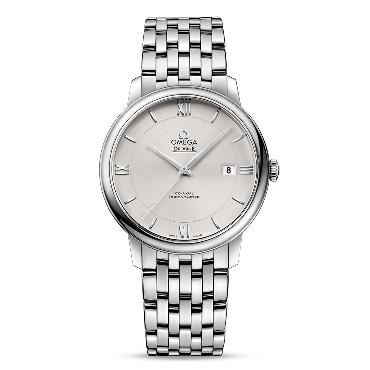 The OMEGA De Ville Prestige Co-Axial Chronometer 39.5mm Watch showcases a silver dial accented with Roman numeral hour markers. This exquisite timepiece by OMEGA features a date window at the 3 o'clock position and is paired with a polished stainless steel bracelet, exemplifying timeless elegance.